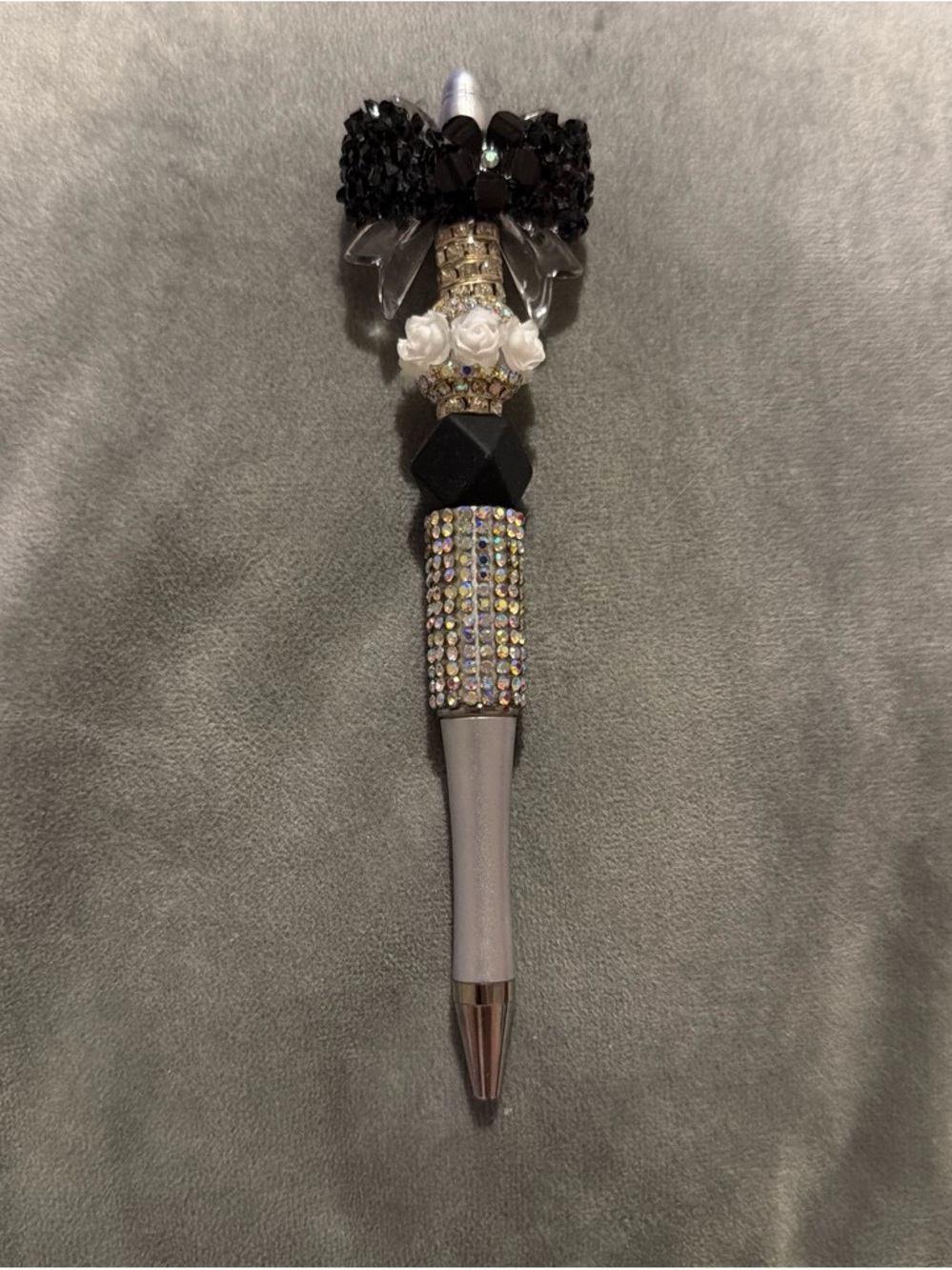 Rhinestone Crystal Bow Pen - Silver & Black